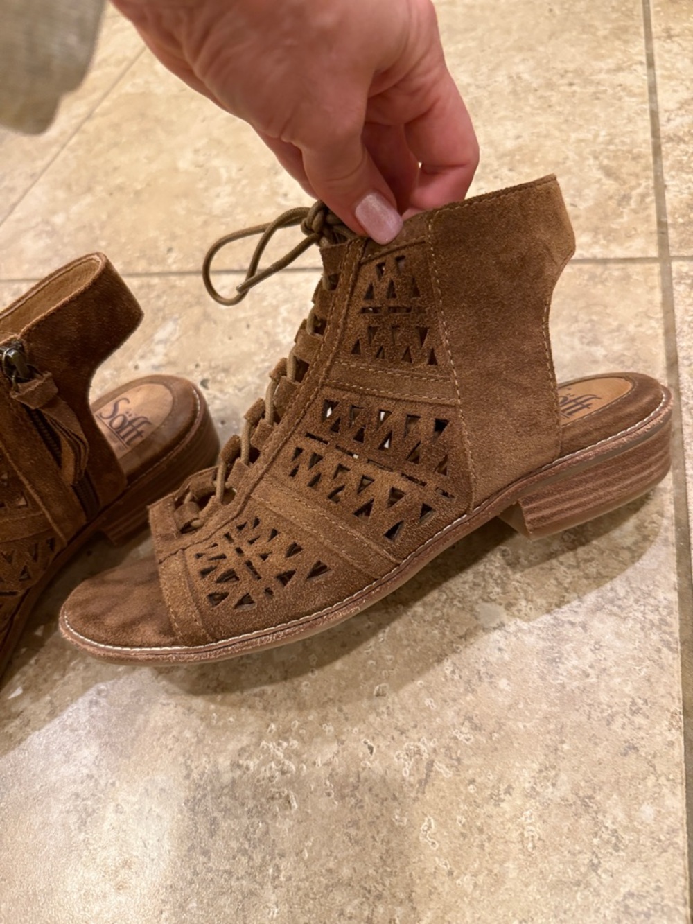 Sofft Brown Suede Laser-Cut Lace-Up Open Heel Sandal - Picture 6 of 11